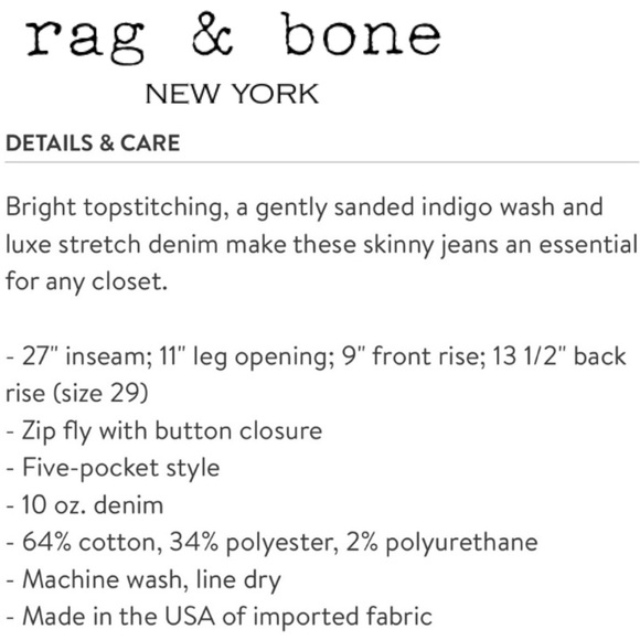 RAG & BONE W1526K089BMO Ankle  Skinny Jeans in Bloo Moon Color Size 30 - Picture 16 of 16